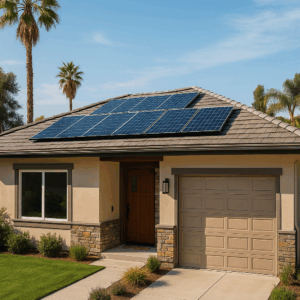 Modern California home with rooftop solar panels installed, surrounded by palm trees and drought-tolerant landscaping under a clear blue sky.