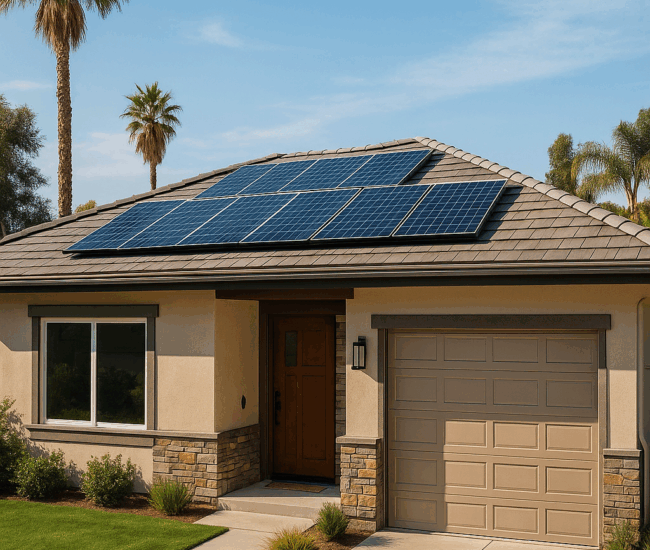 Modern California home with rooftop solar panels installed, surrounded by palm trees and drought-tolerant landscaping under a clear blue sky.