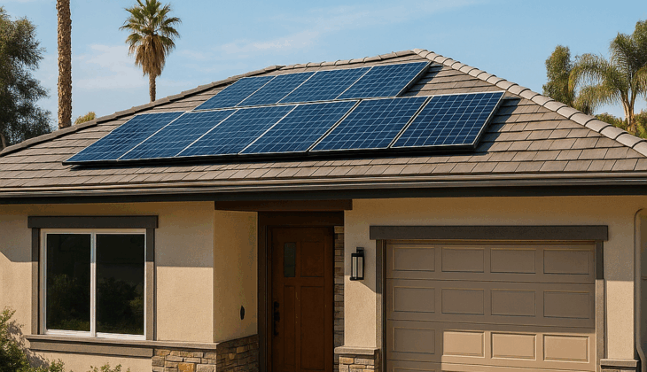 Modern California home with rooftop solar panels installed, surrounded by palm trees and drought-tolerant landscaping under a clear blue sky.
